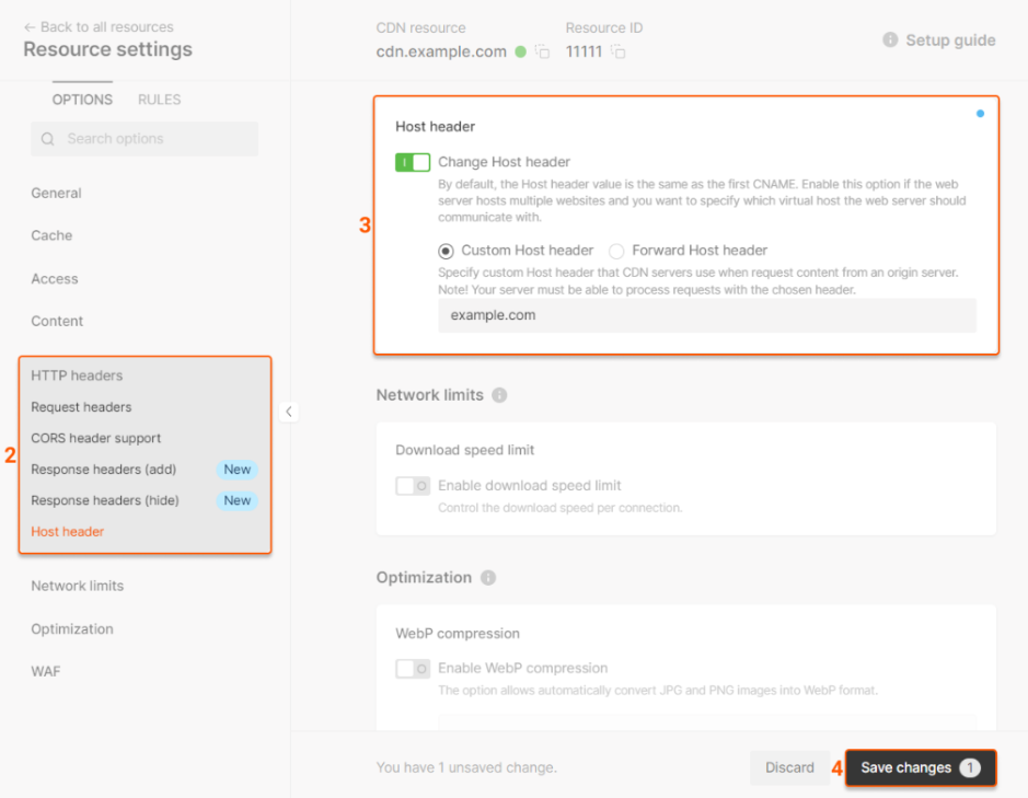 Resource settings in the control panel