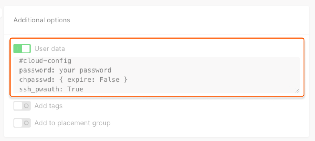 User data field with password configuration