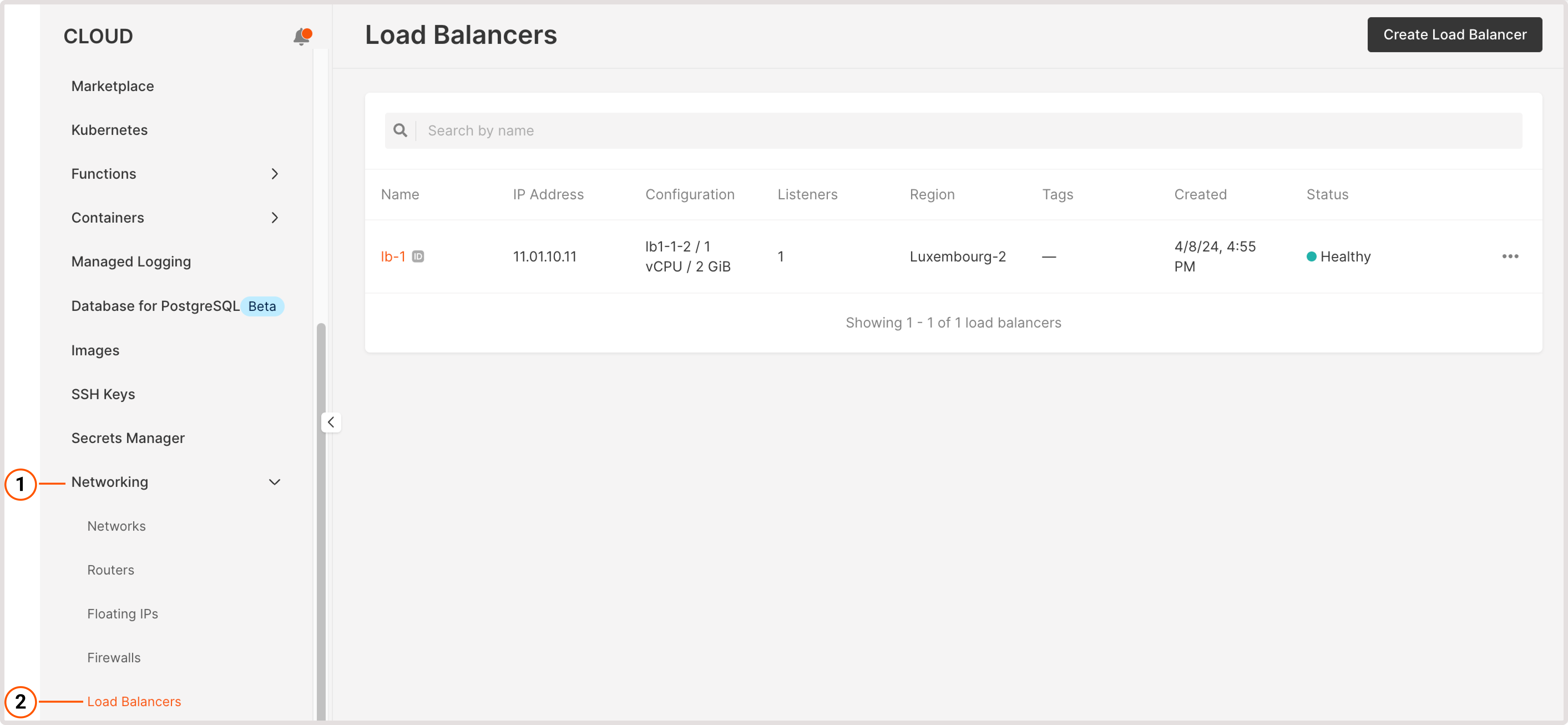Load Balancers page in Customer Portal
