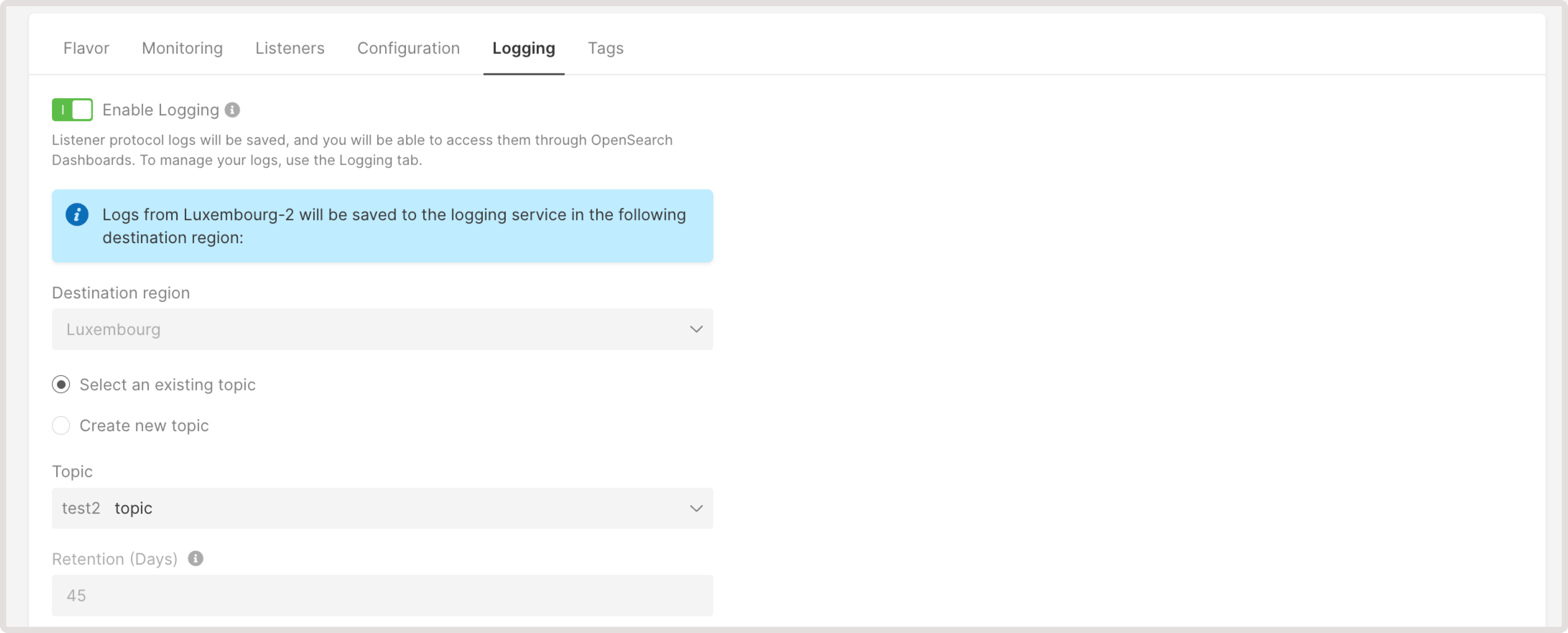 Logging tab settings