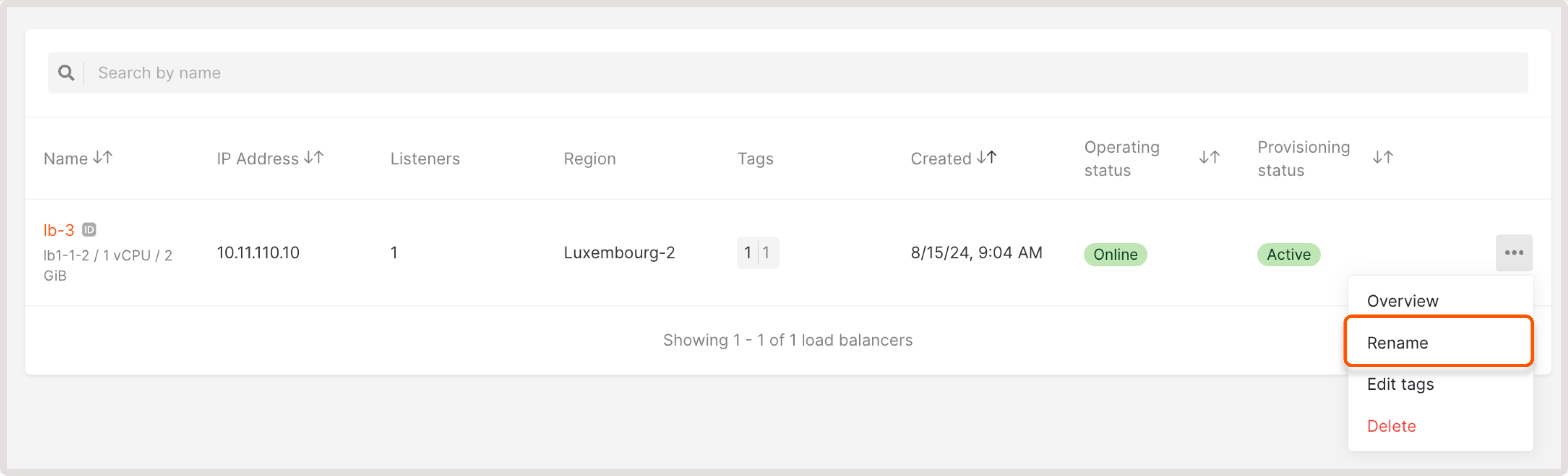 Rename button in the Load Balancer settings