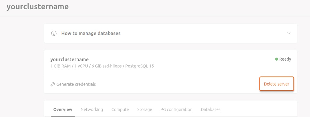 manage postgresql delete server