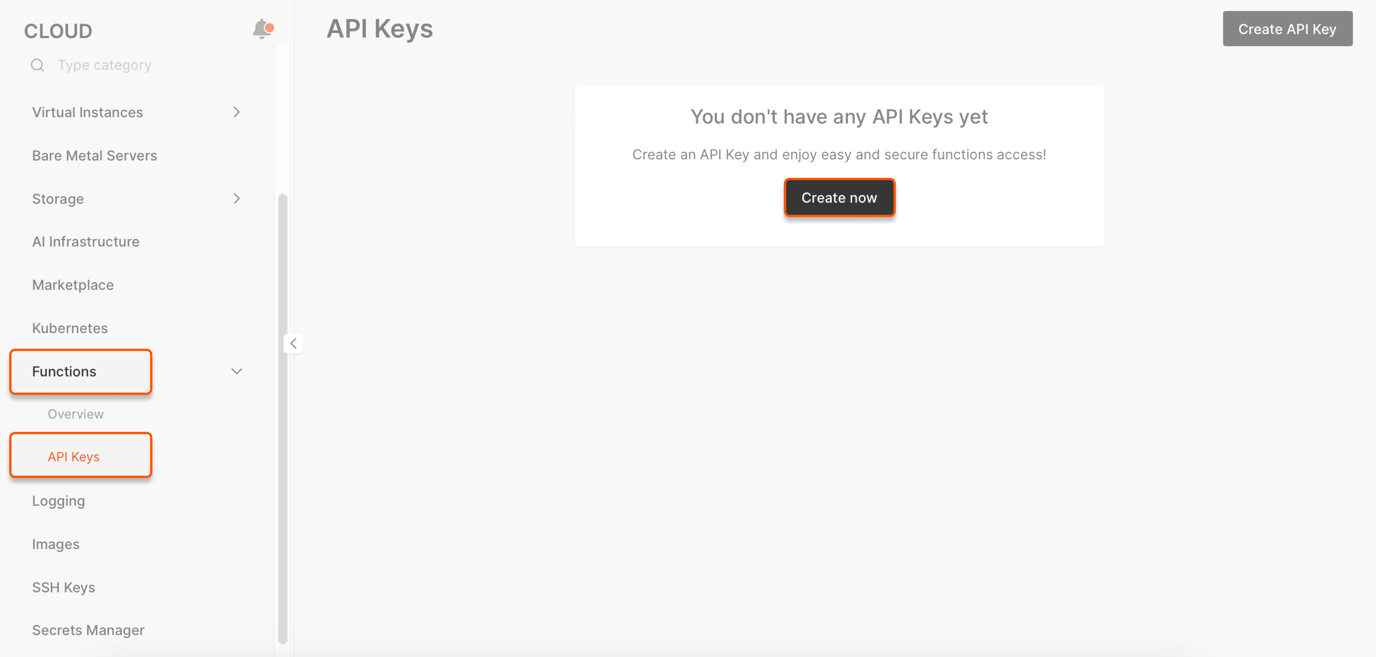 API keys for functions in the Cloud menu
