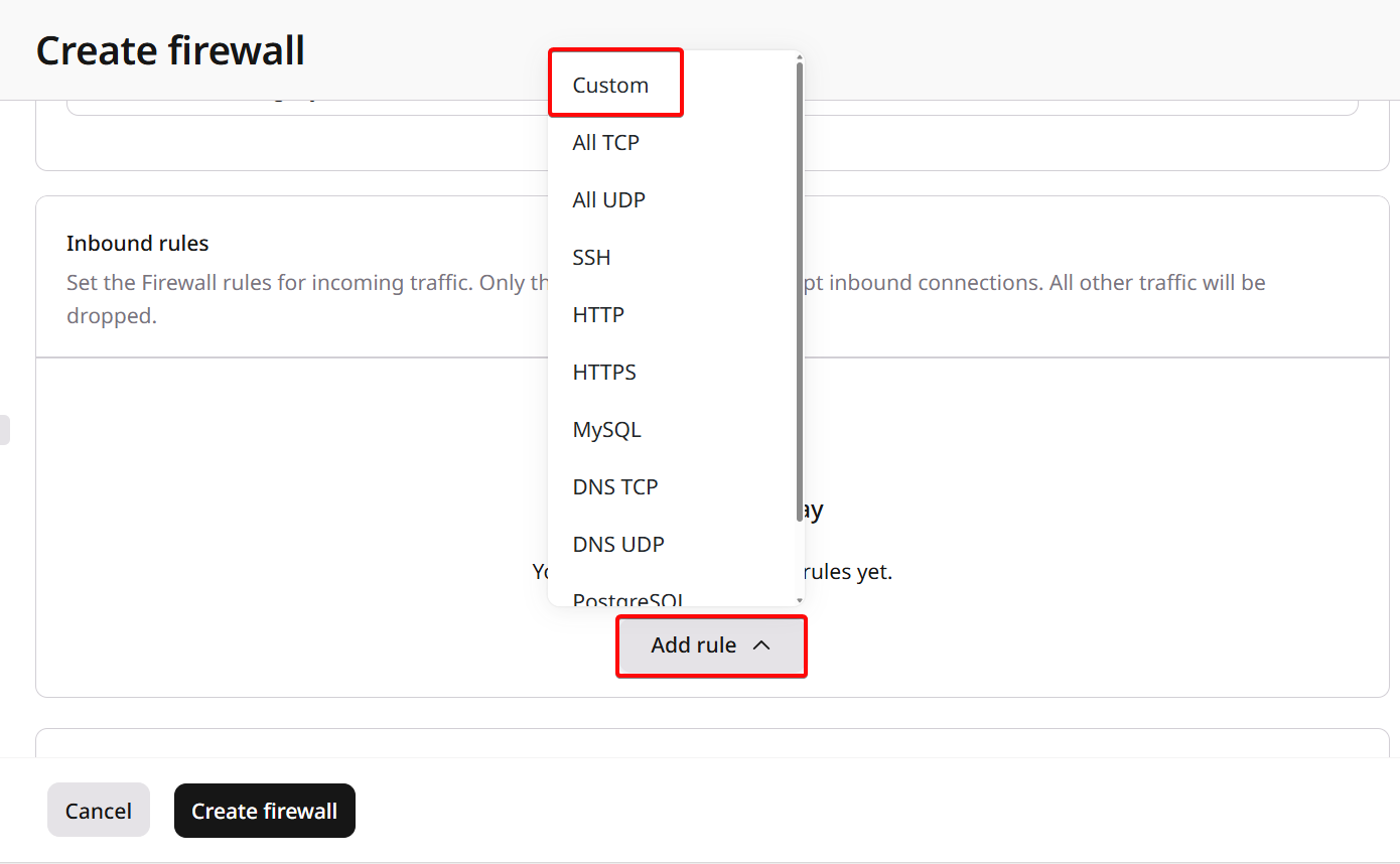Add rule dropdown showing template options and Custom rule