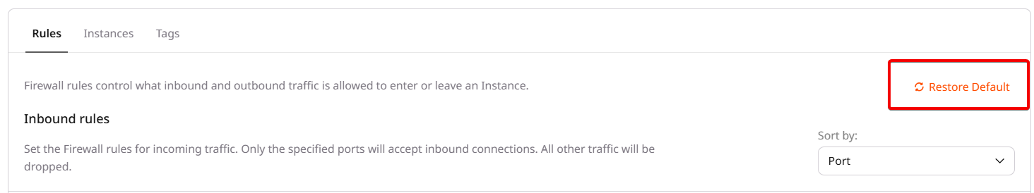Restore Default option for resetting firewall settings