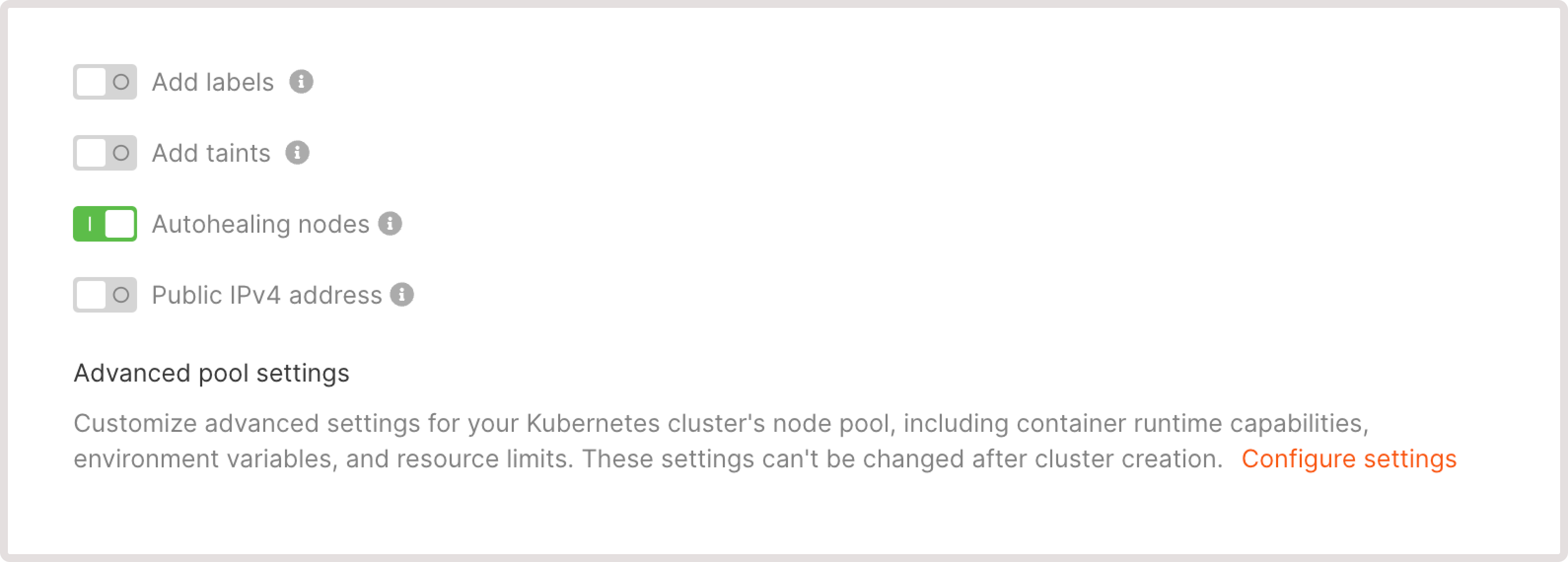Pools configuration section on the Create Kubrnetes cluster page