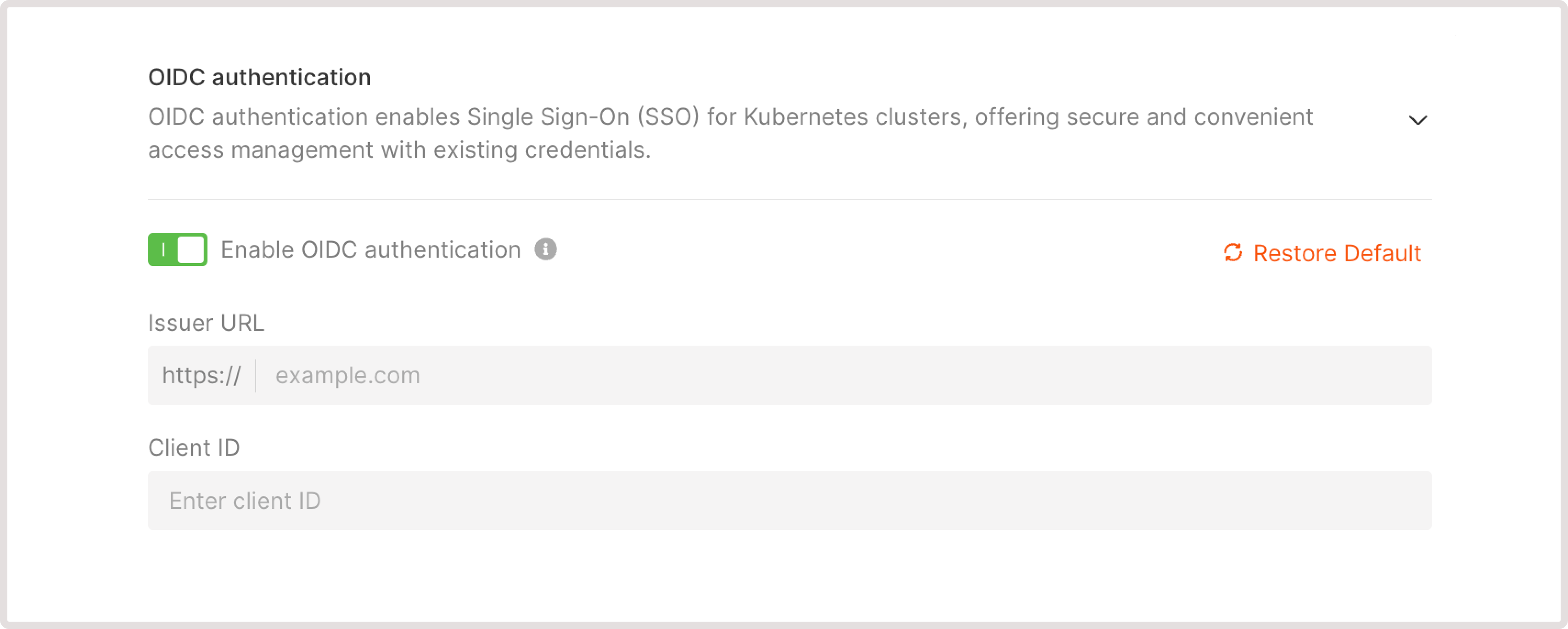 OpenID Connect authentication settings for a Kubernetes container