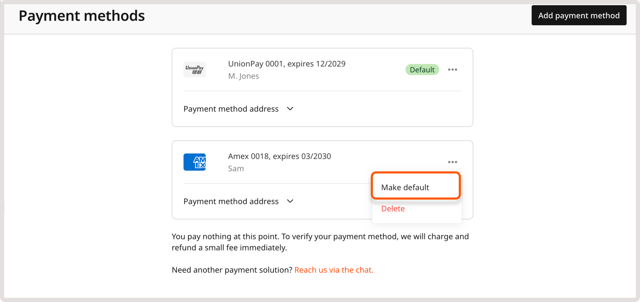 Example of a card with Make default option available
