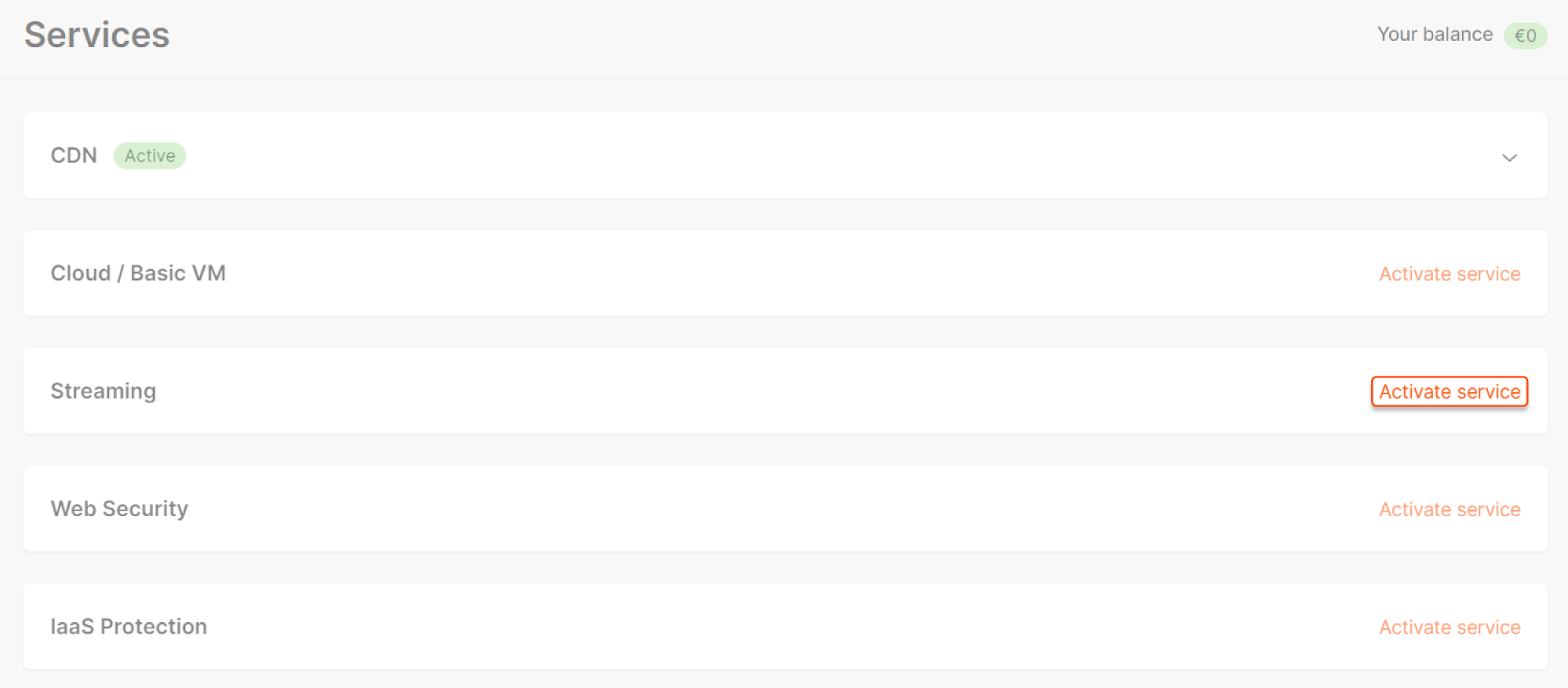 Services page where you can also start a trial