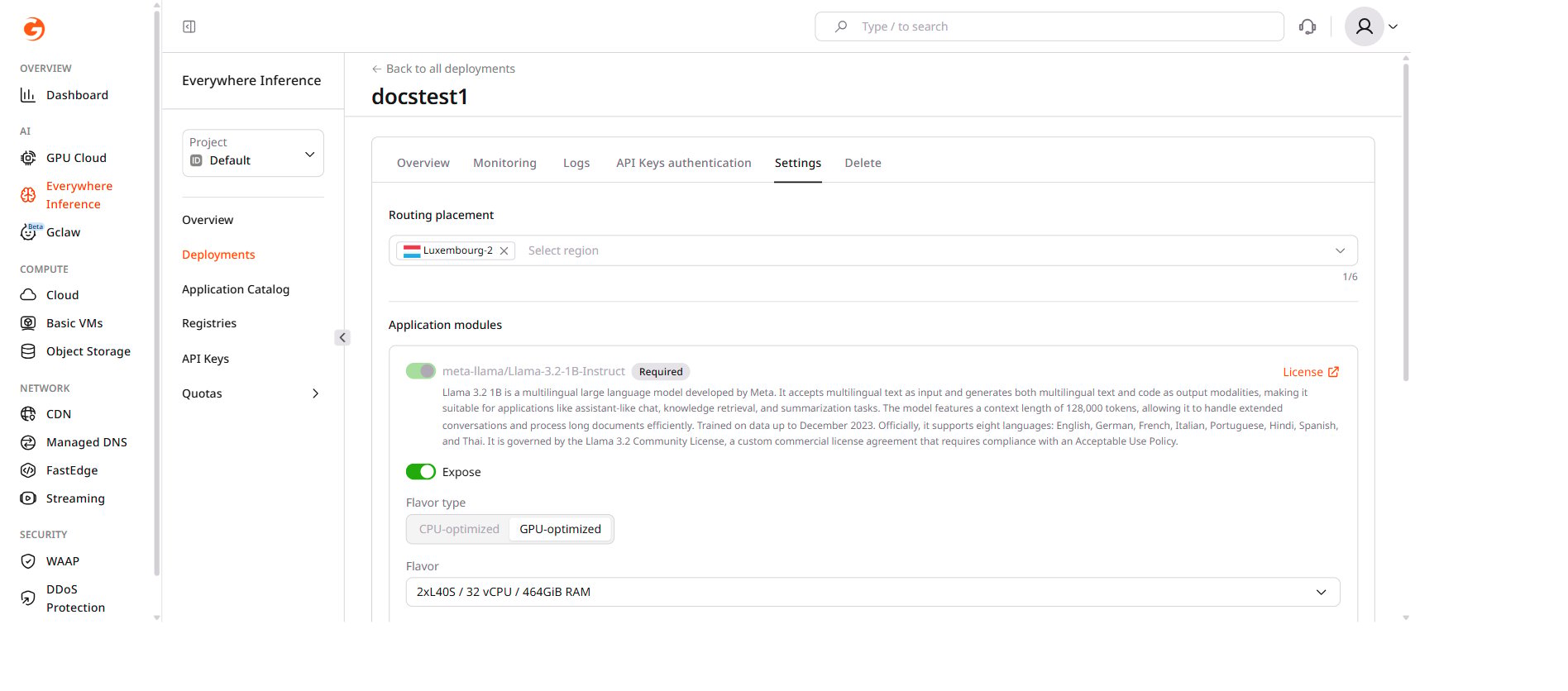 Settings tab — routing and flavor configuration