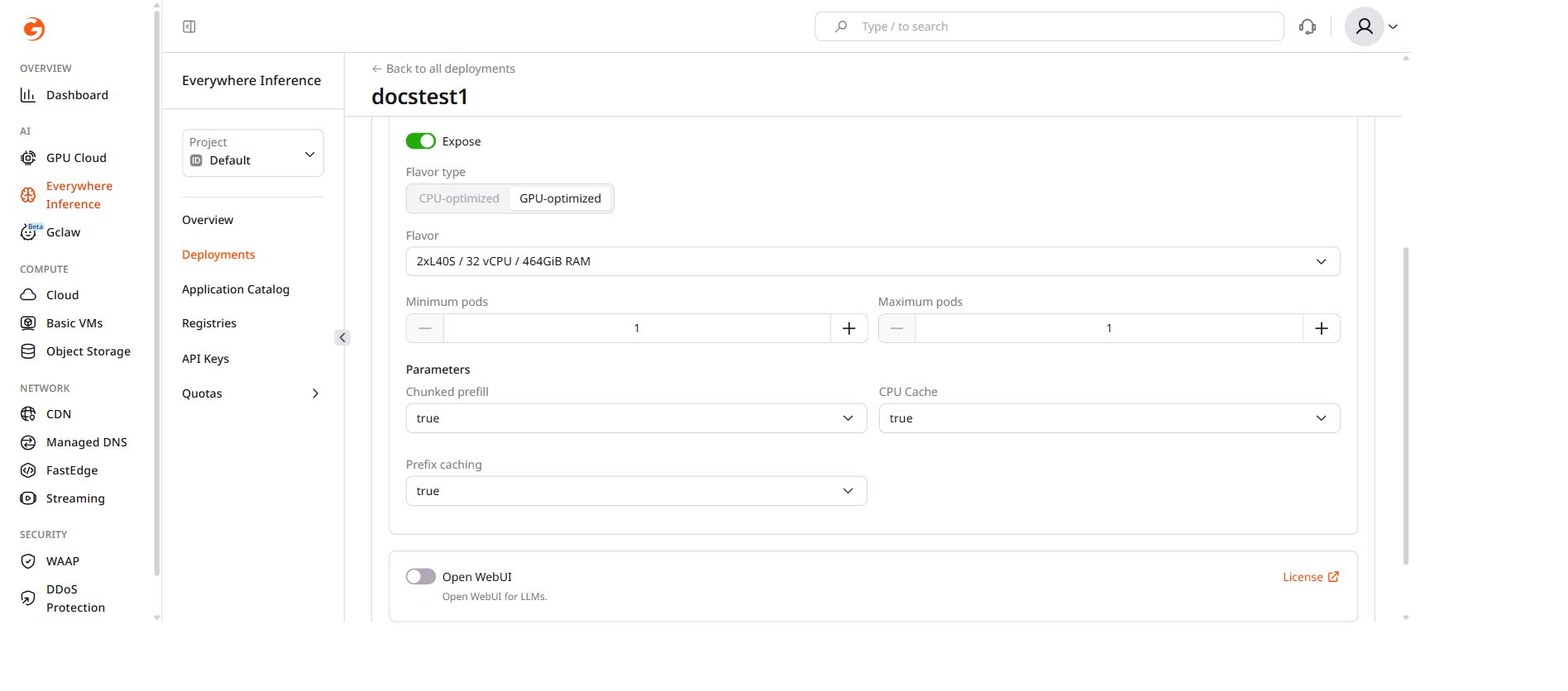 Settings tab — pod configuration