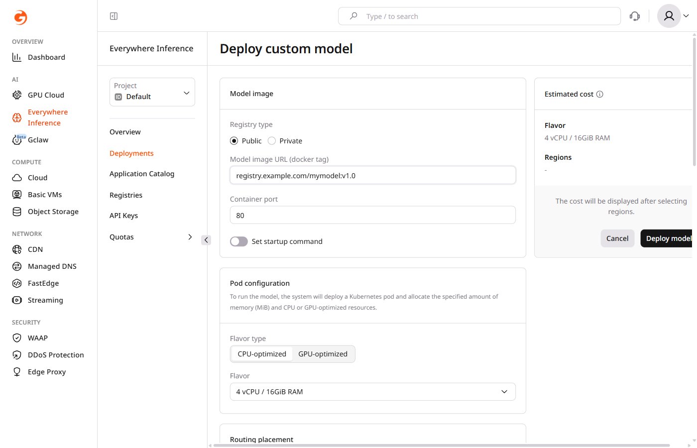 Custom model deployment form showing the Image URL field