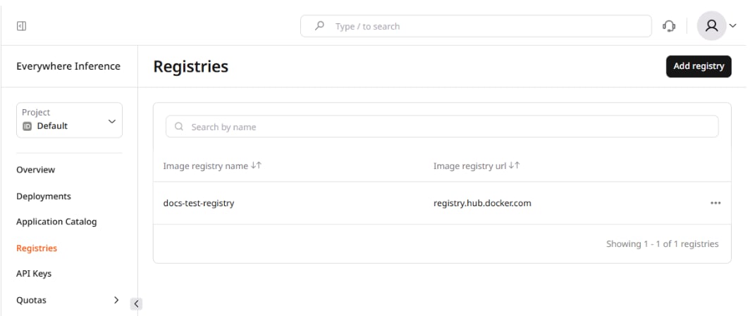 Registries page with Add registry button