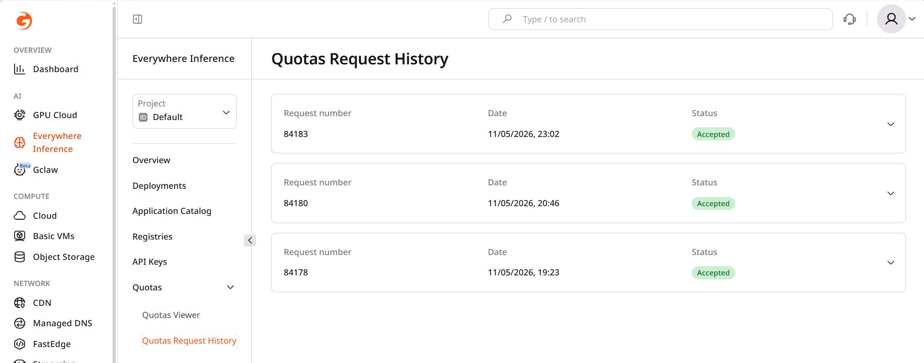 Quotas Request History page