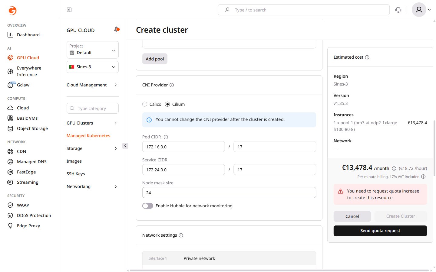 CNI provider section with Calico and Cilium options and CIDR configuration