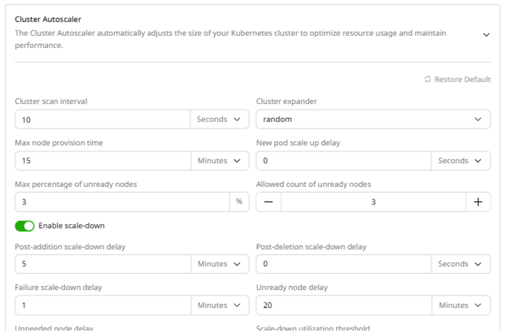 Cluster Autoscaler settings showing scan interval, expander, and scale-down parameters
