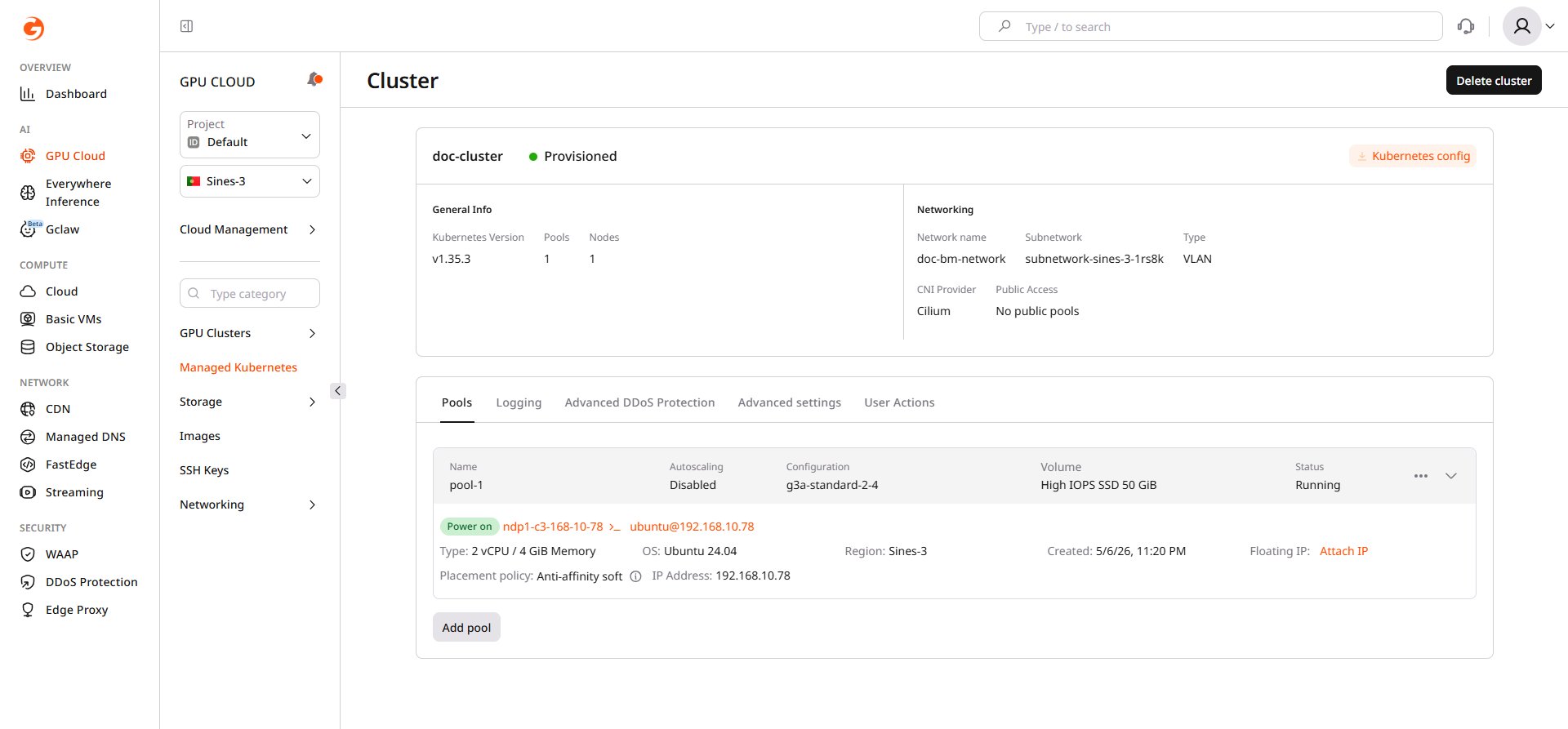 Cluster overview page with the Kubernetes config button highlighted