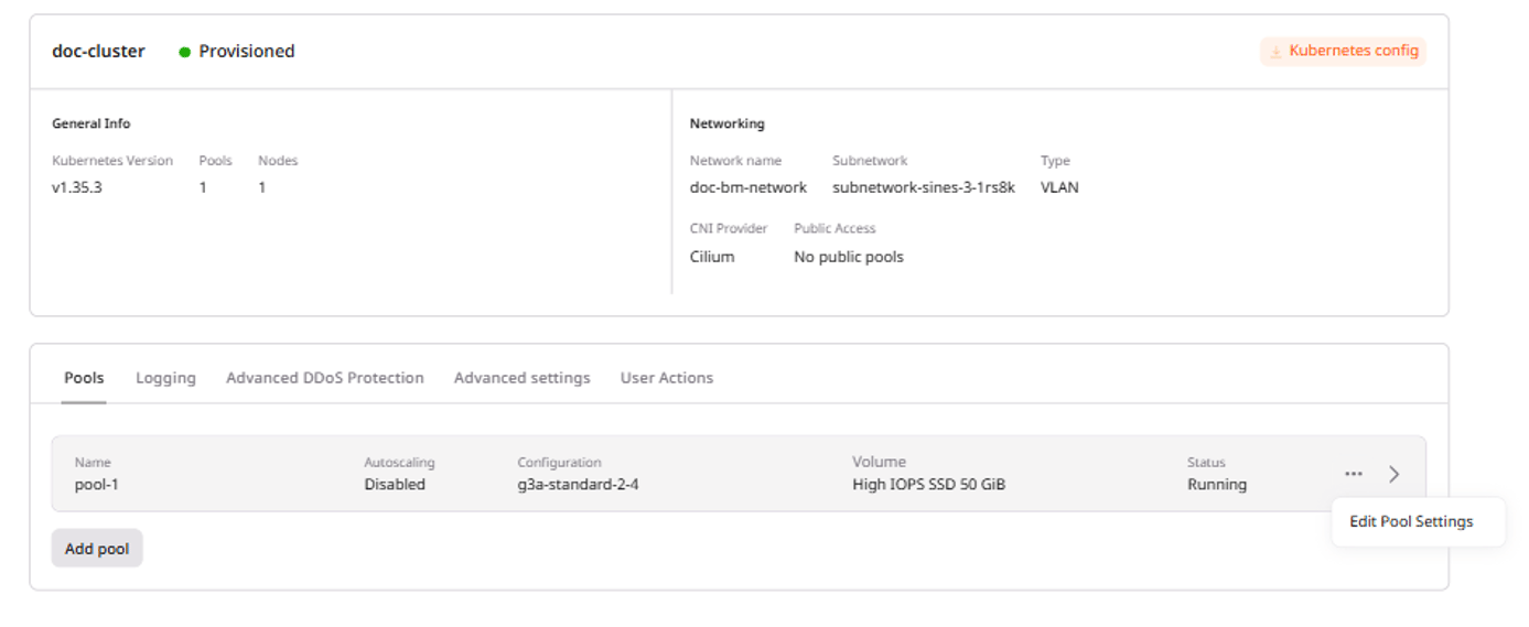 Pool actions menu showing Edit Pool Settings and Delete options