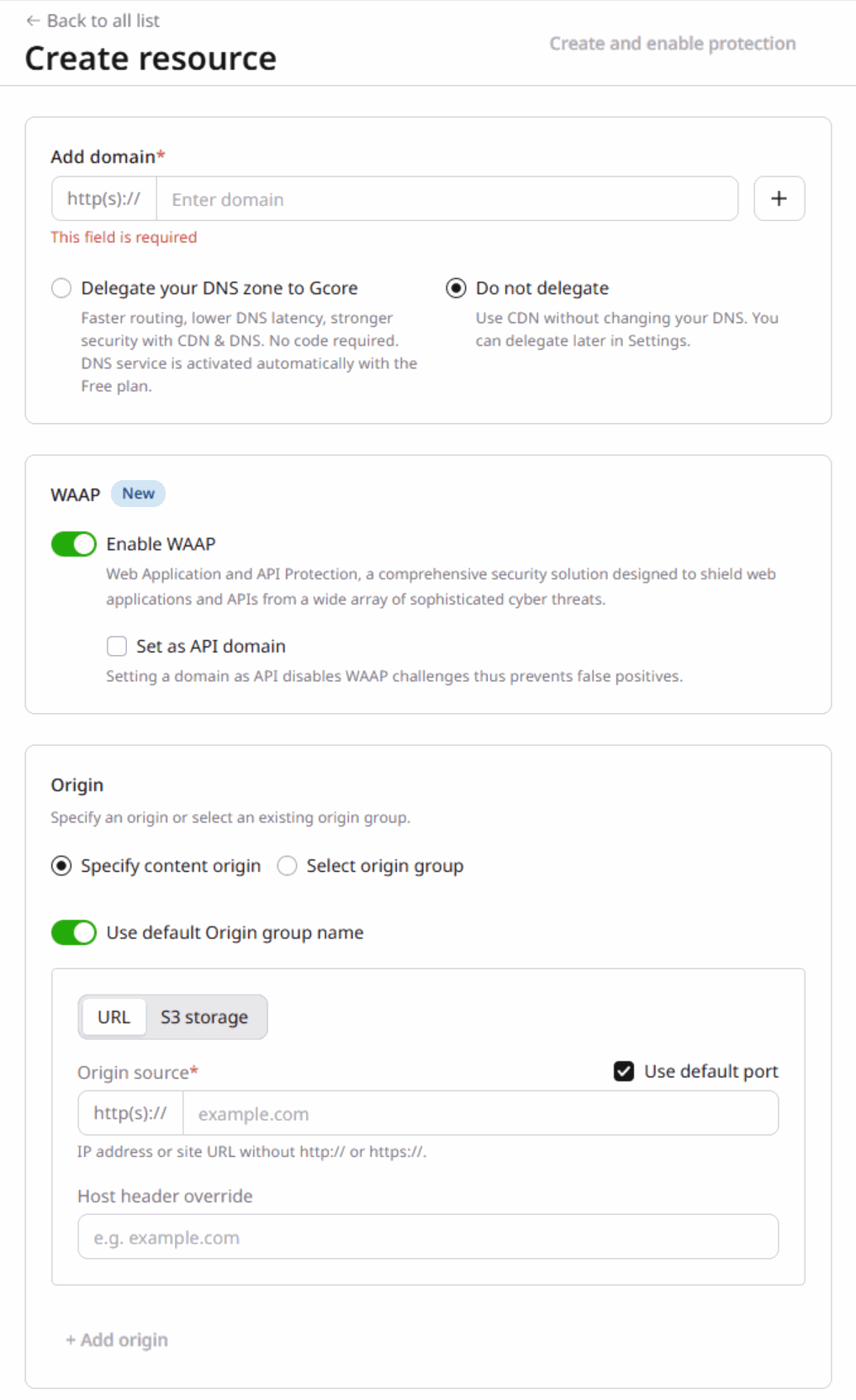 Create CDN resource form