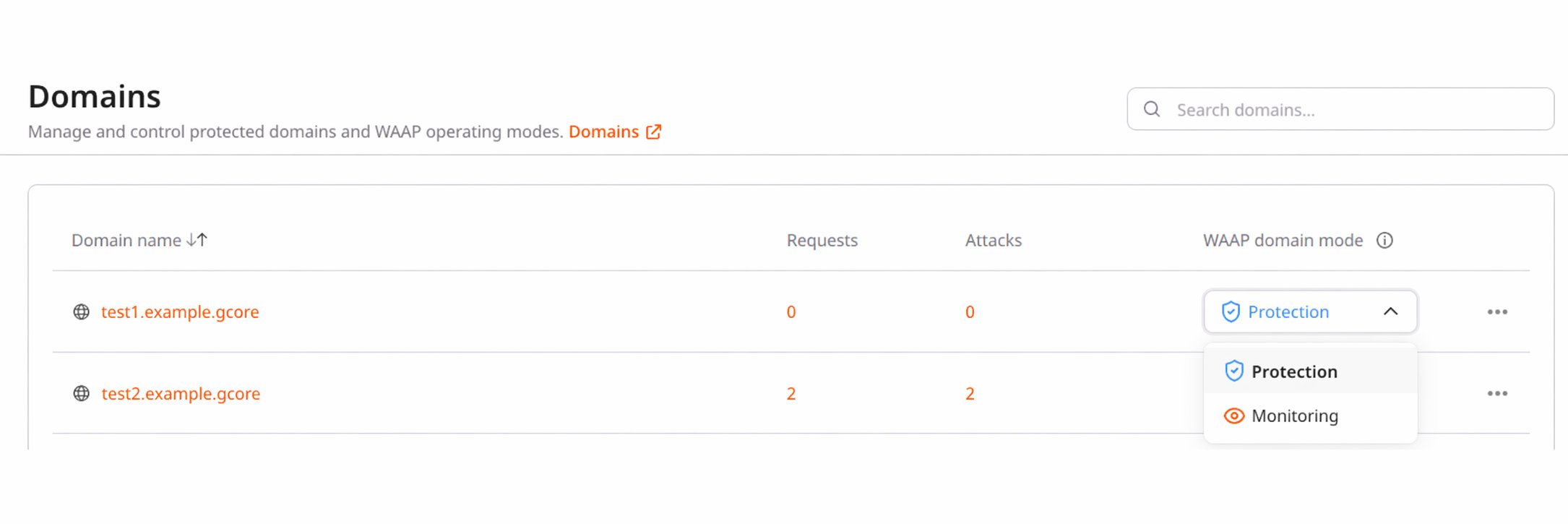 WAAP modes dropdown on Domains page