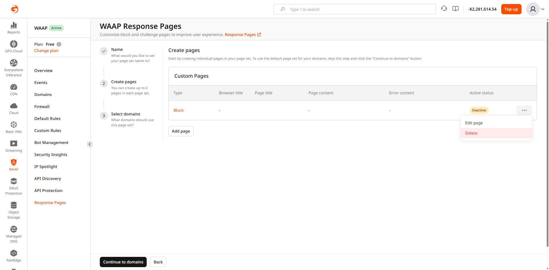 Delete page button in the page set settings