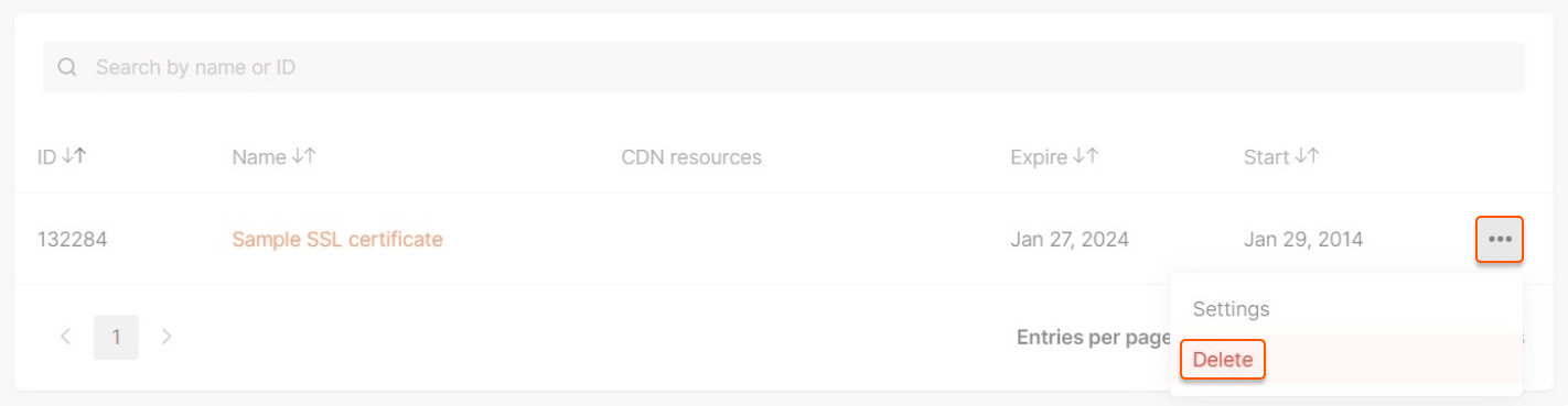 Delete an SSL certificate