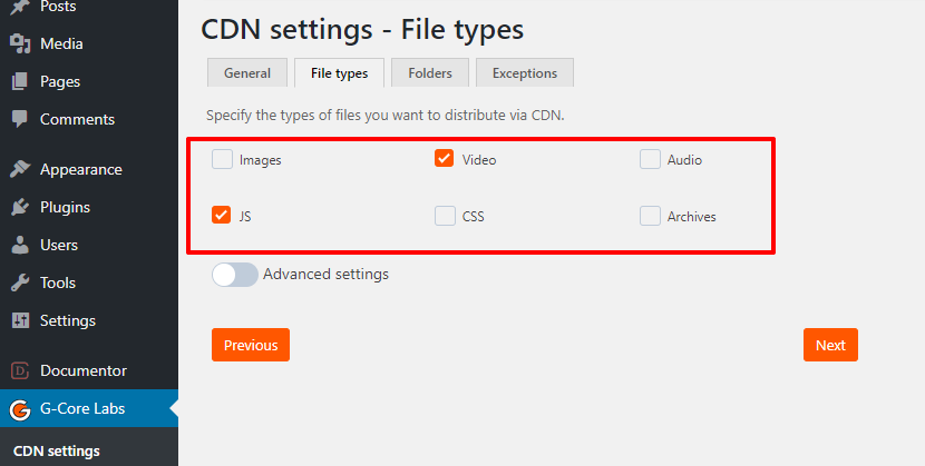 Specify the file extensions