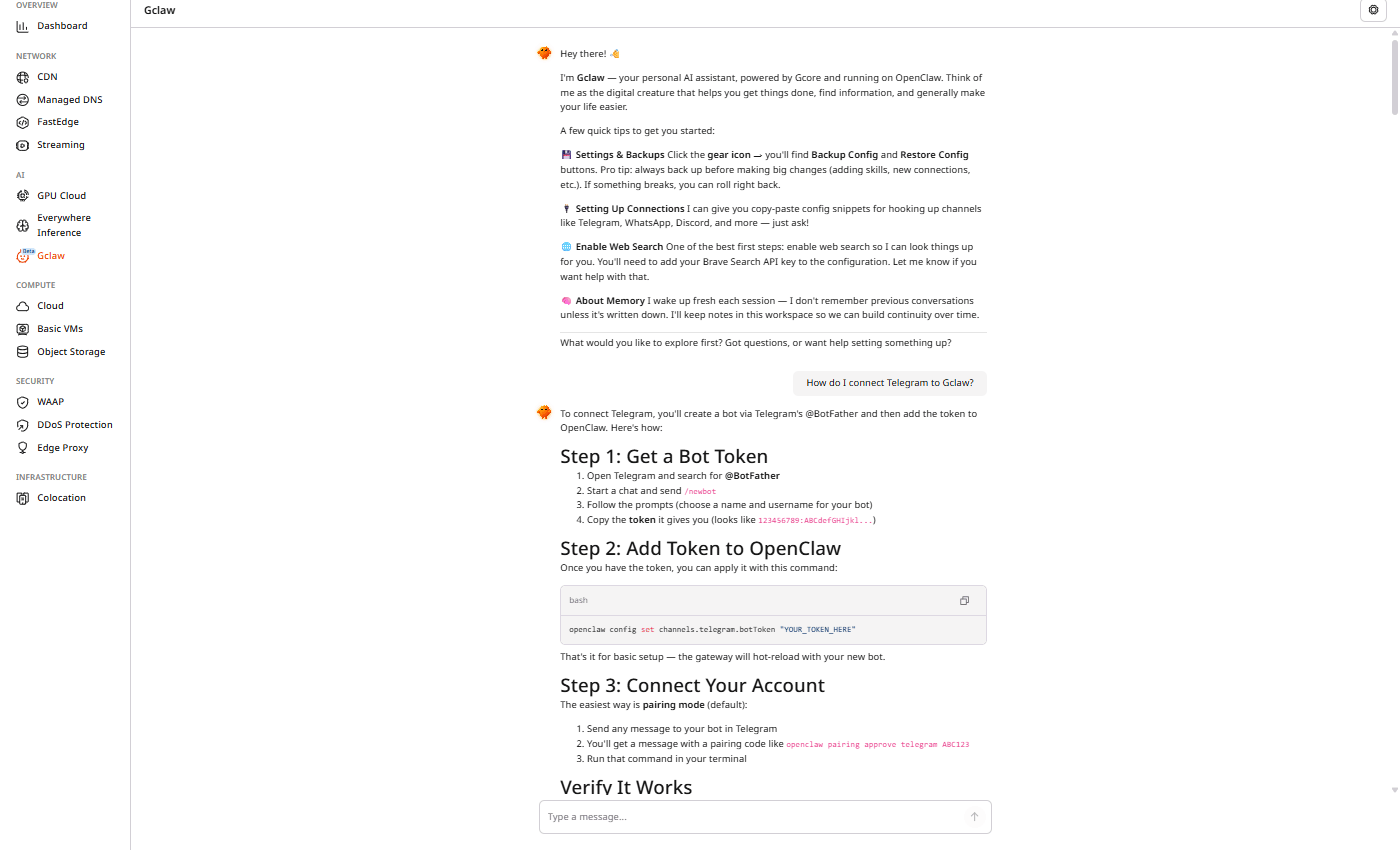 Gclaw chat interface in the Gcore Customer Portal