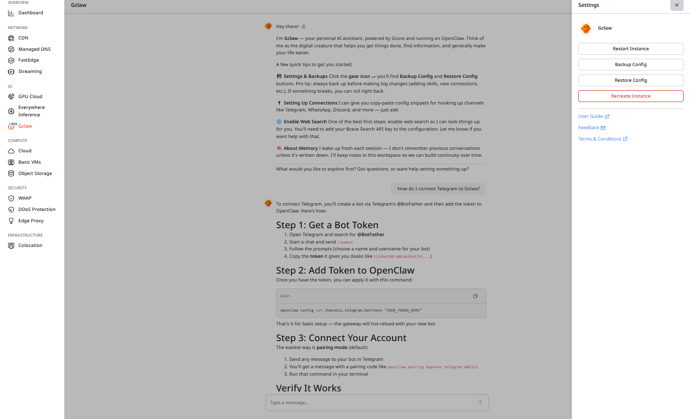Gclaw Settings panel with management options
