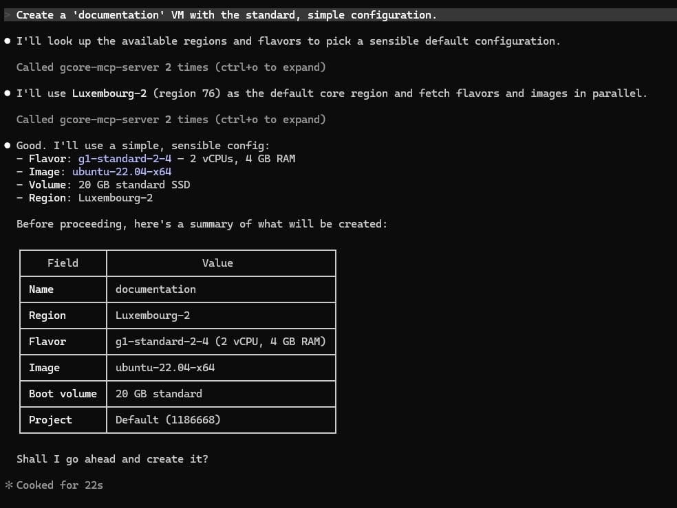 Claude Code planning a VM creation: it resolved region, flavor, and image automatically and asked for confirmation before proceeding