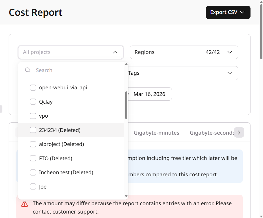 Projects dropdown expanded
