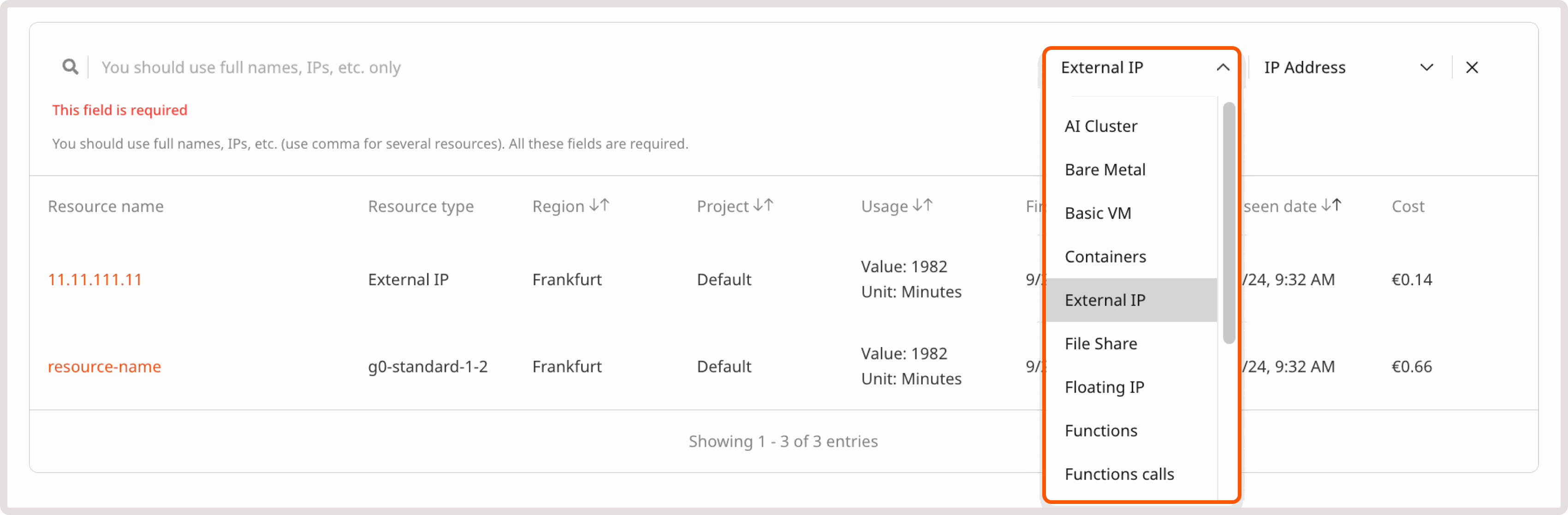 Resource type dropdown with External IP selected