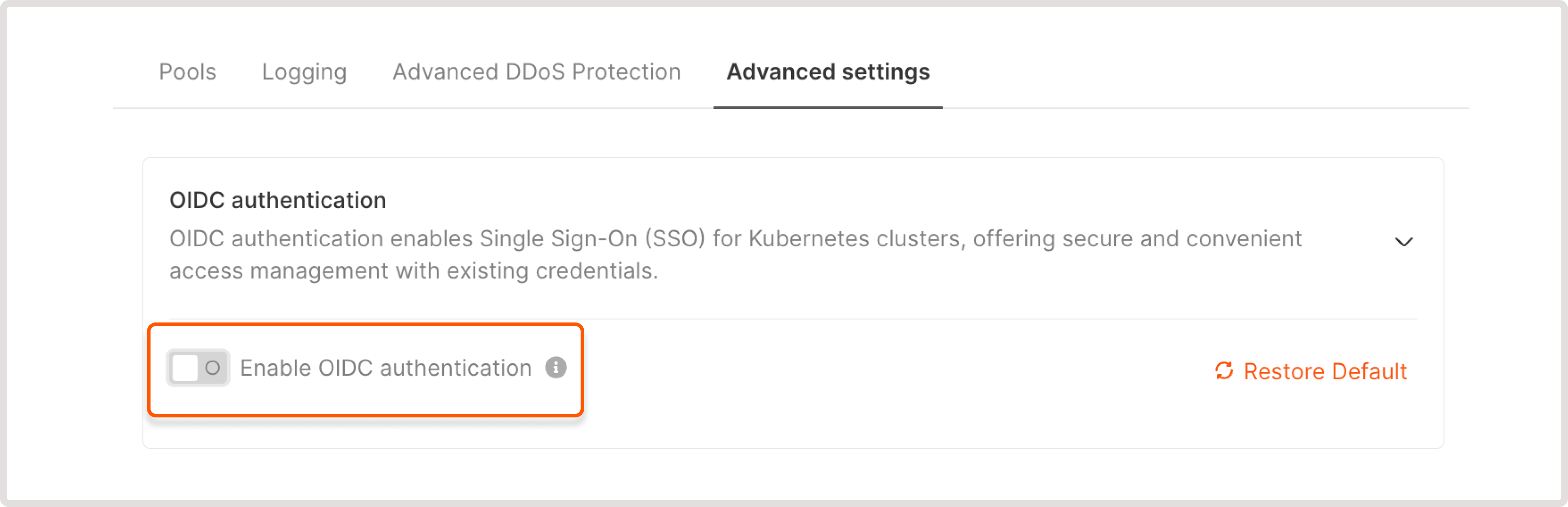 Disabled OpenID Connect authentication toggle