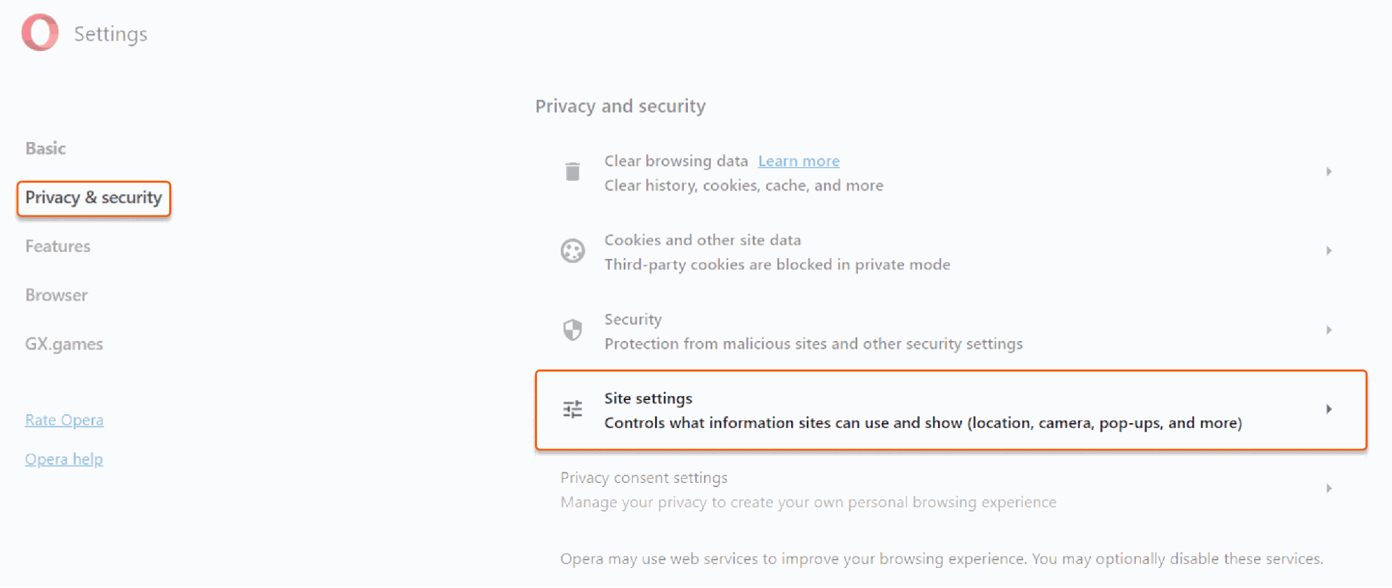 Opera browser settings