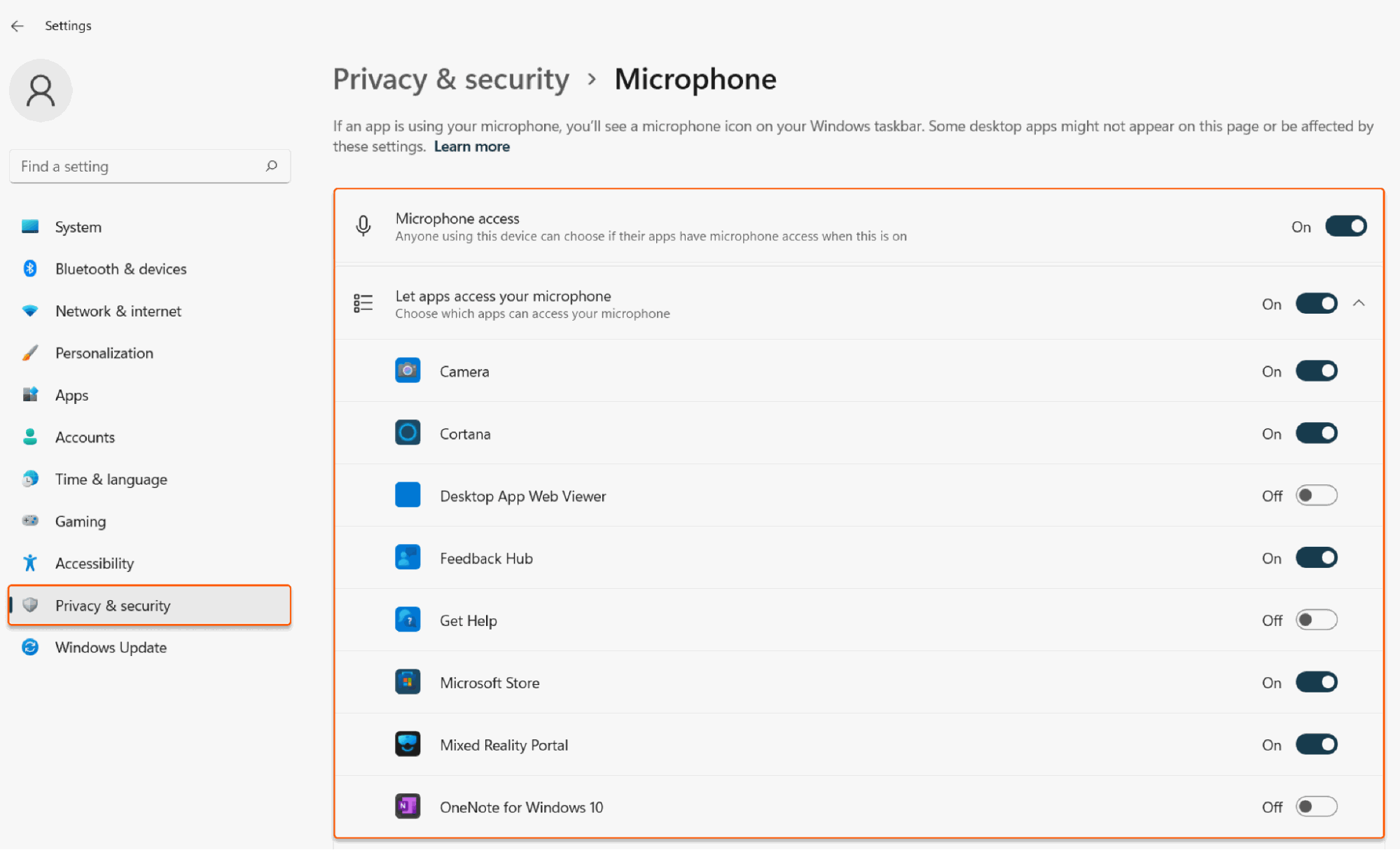 Camera or Microphone Windows sections