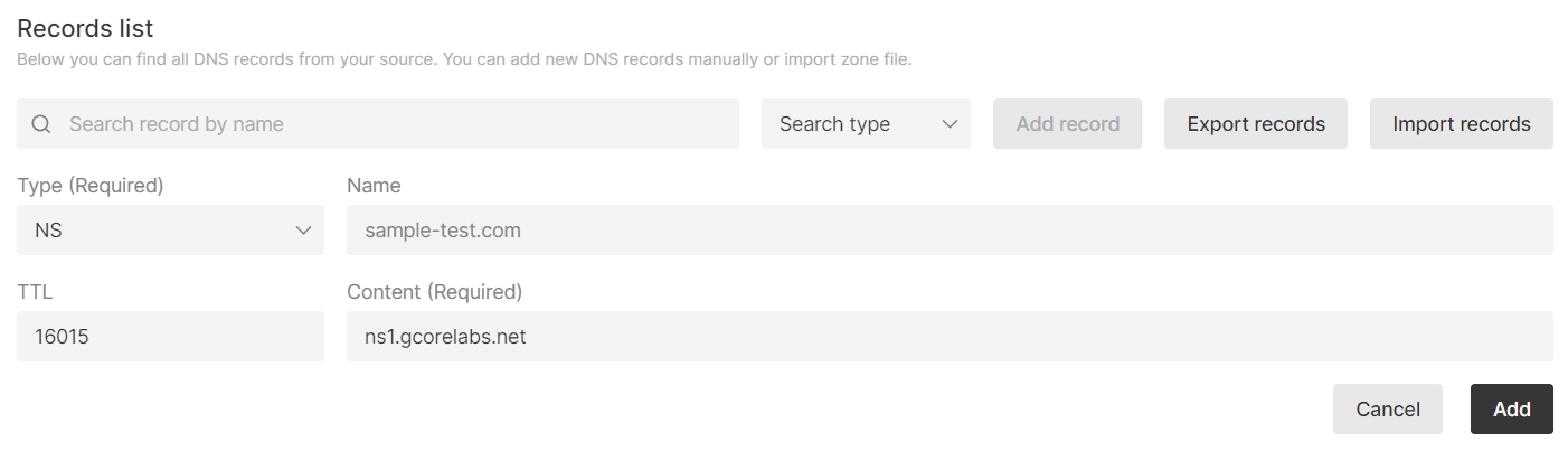 Example of adding an NS record