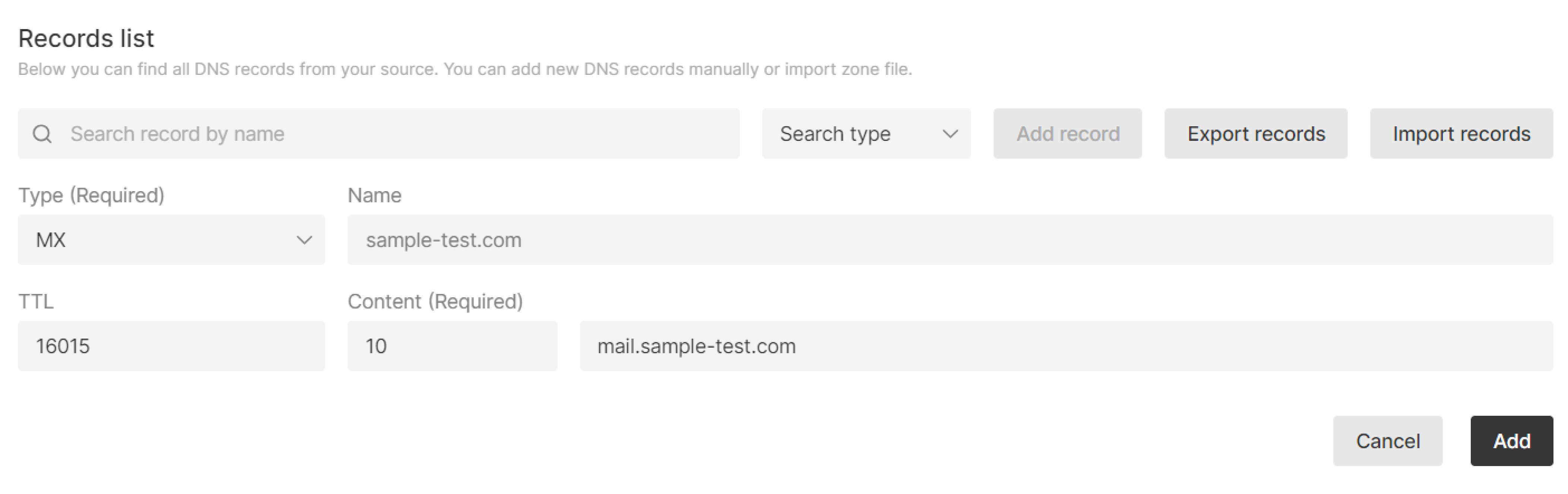 Example of adding an MX record