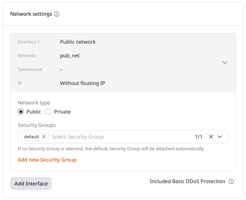 Security Groups field with default group selected per interface