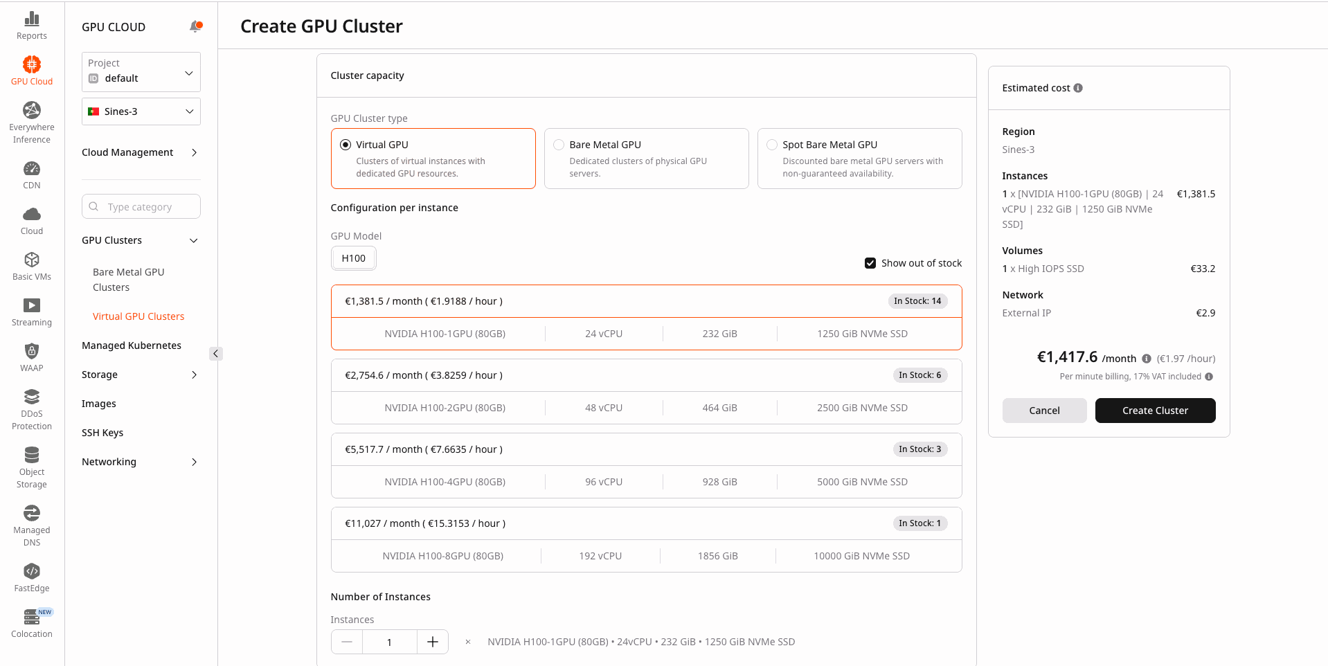 Cluster capacity section with GPU cluster type selection and available flavors