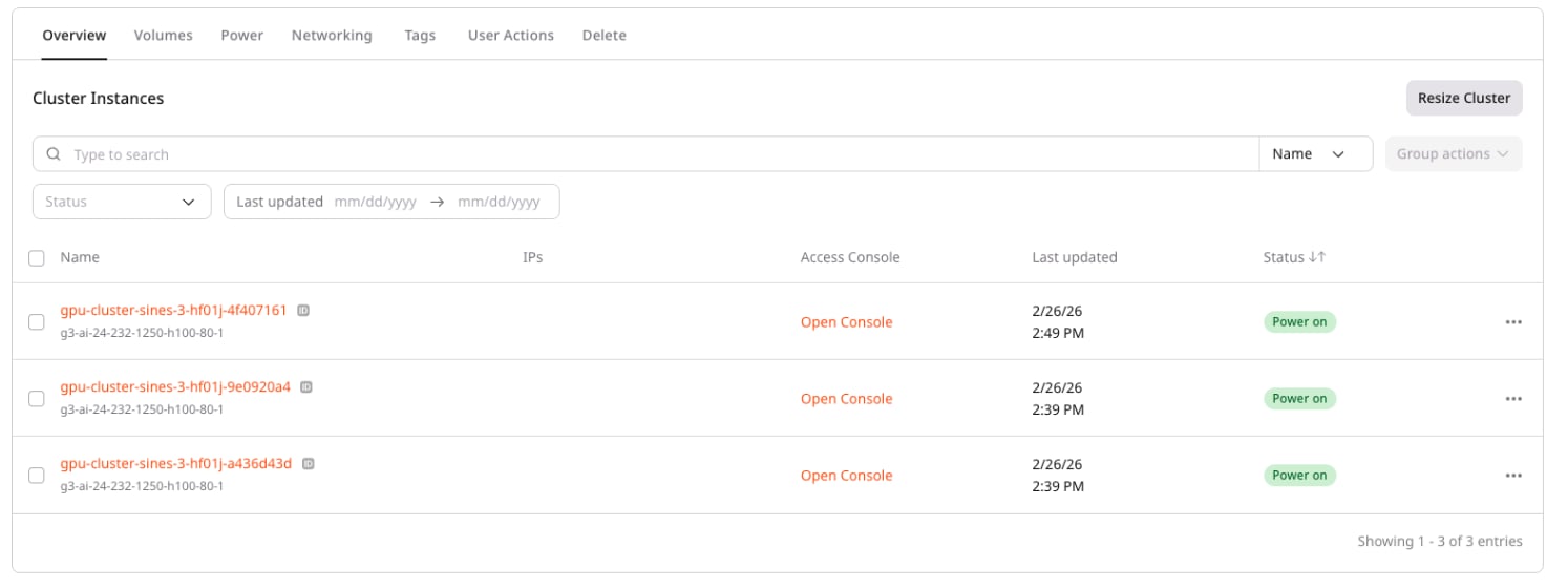 Cluster details page with Overview tab showing cluster instances