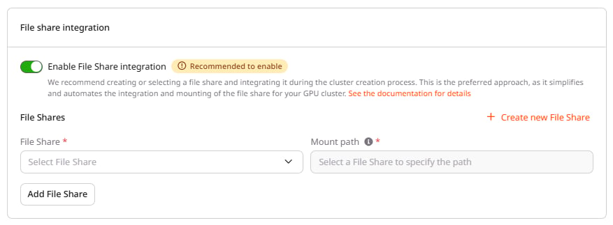 File share integration section with toggle and file share selector