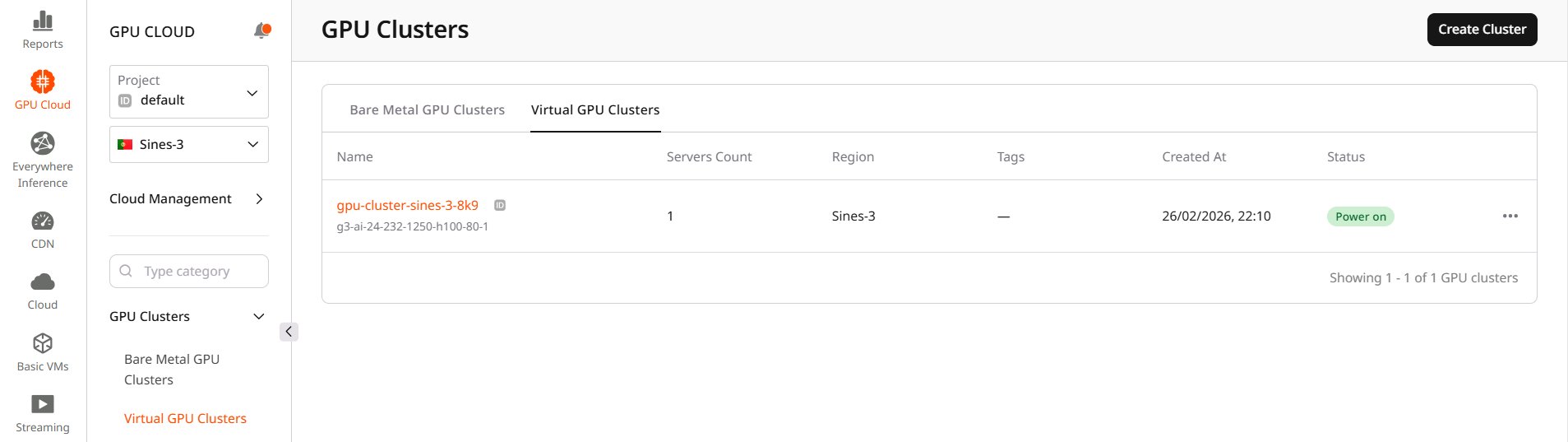 Virtual GPU Clusters page with cluster list and Create Cluster button