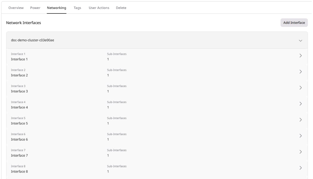 Networking tab showing node and interface list