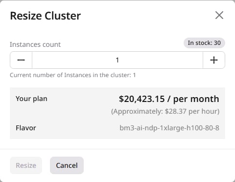 Resize cluster dialog with instance count controls