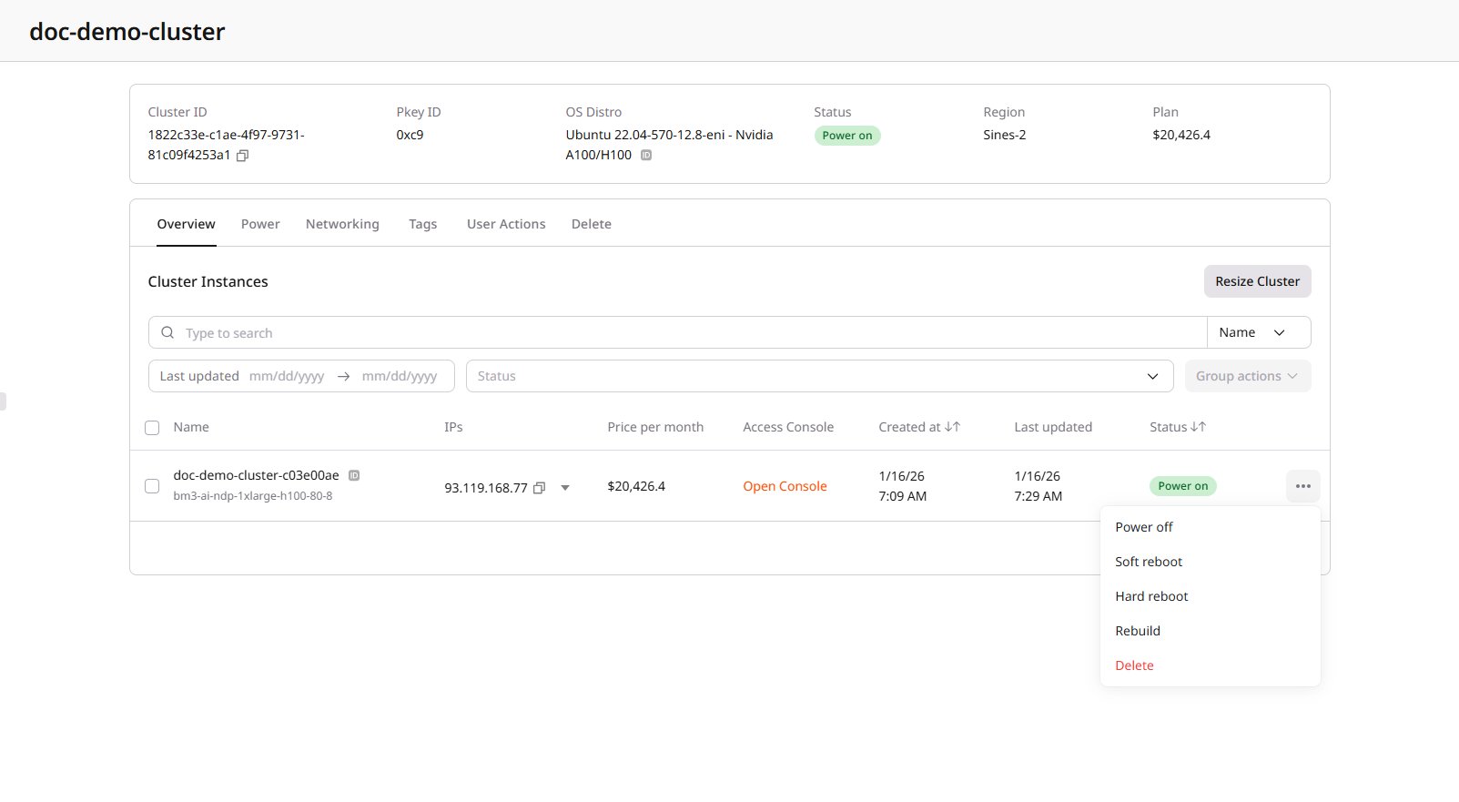 Node actions menu showing power and management options