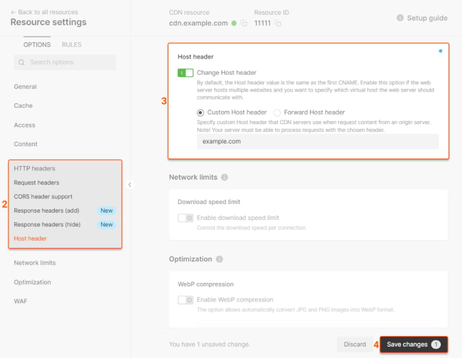 Resource settings in the control panel