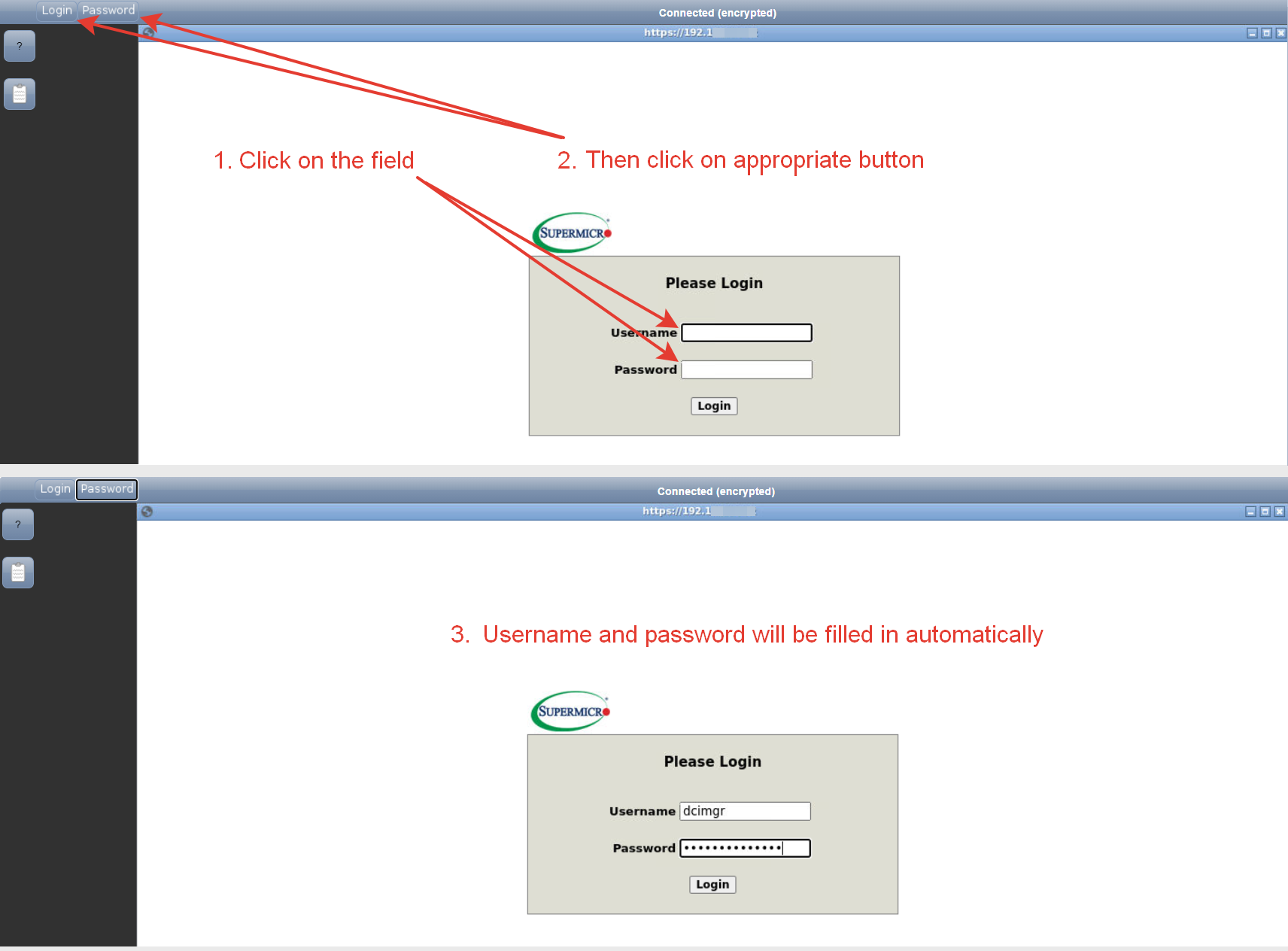 login and password in DCImanager