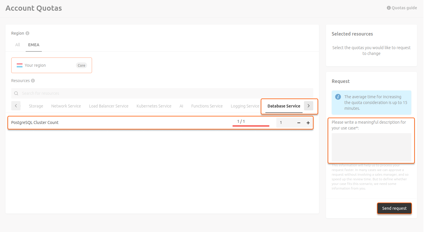 manage postgresql send quotas request