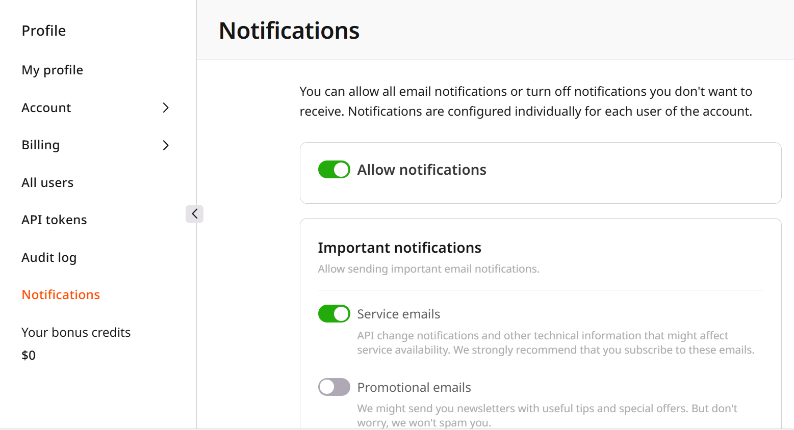 Notifications page in account settings