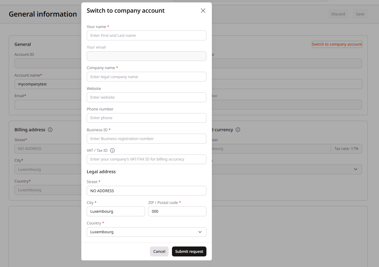 Switch to company account dialog with required fields